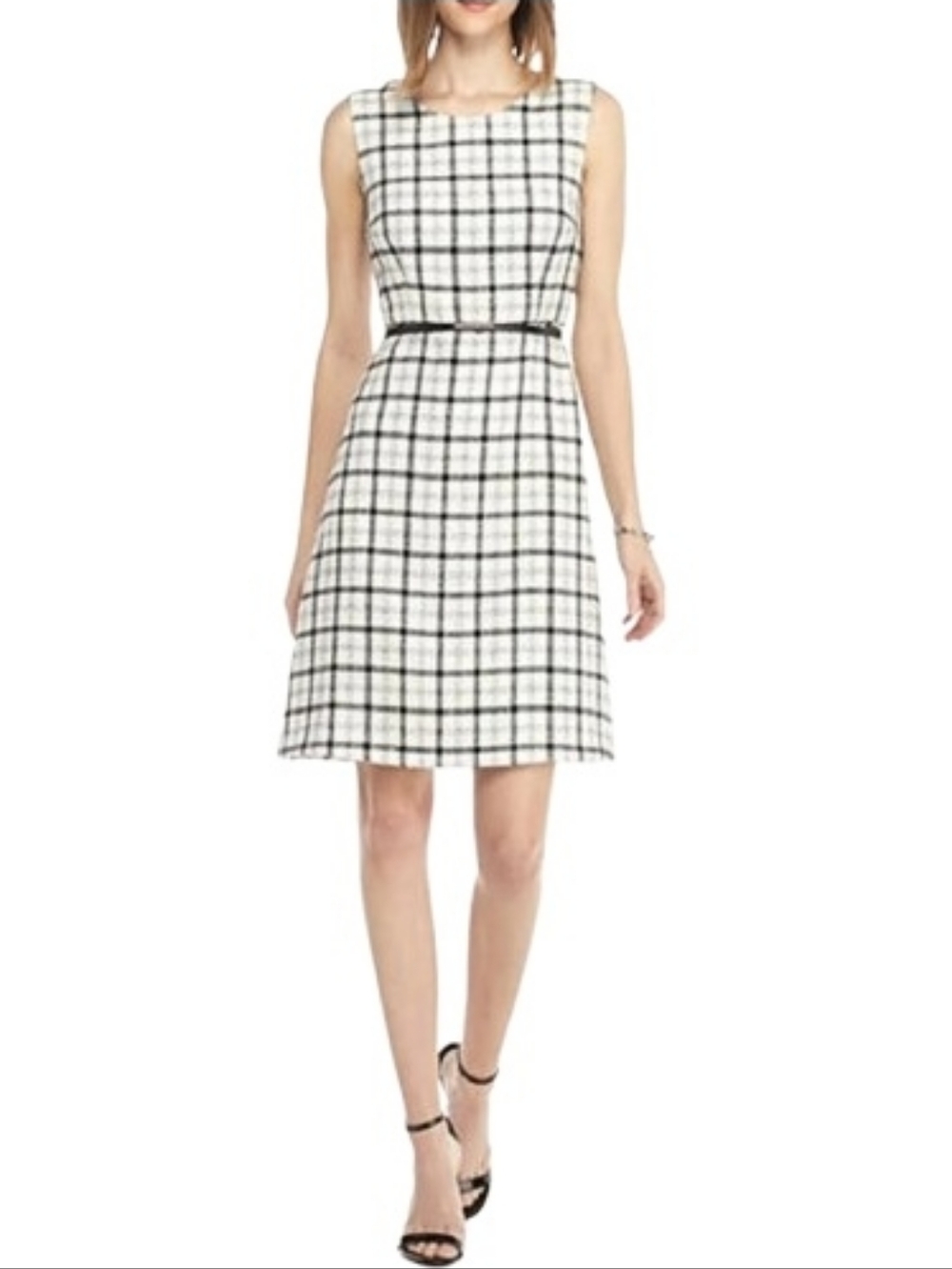 Nine West Tweed A-Line Dress Plaid Ivory White Sleeveless Classic